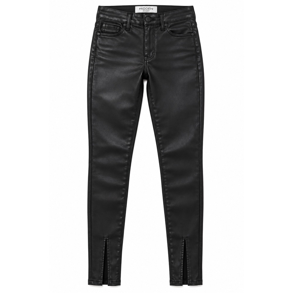 Hidden Jeans Womens 24 Black Coated Skinny Jeans Ankle Slit Leather Look Stretch